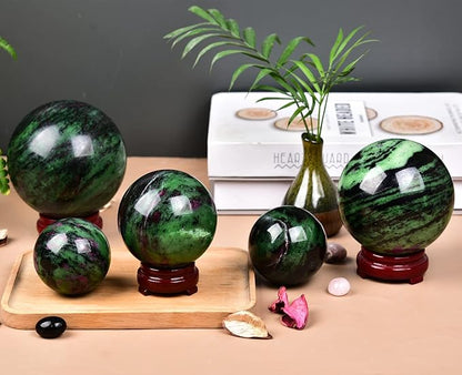 JIC Gem Natural Ruby Zoisite Quartz Crystal Sphere Balls with Wood Stand Red&Green Treasure Gemstone Decorative Orbs Reiki Energy Healing Crystal Ball (60-70mm)