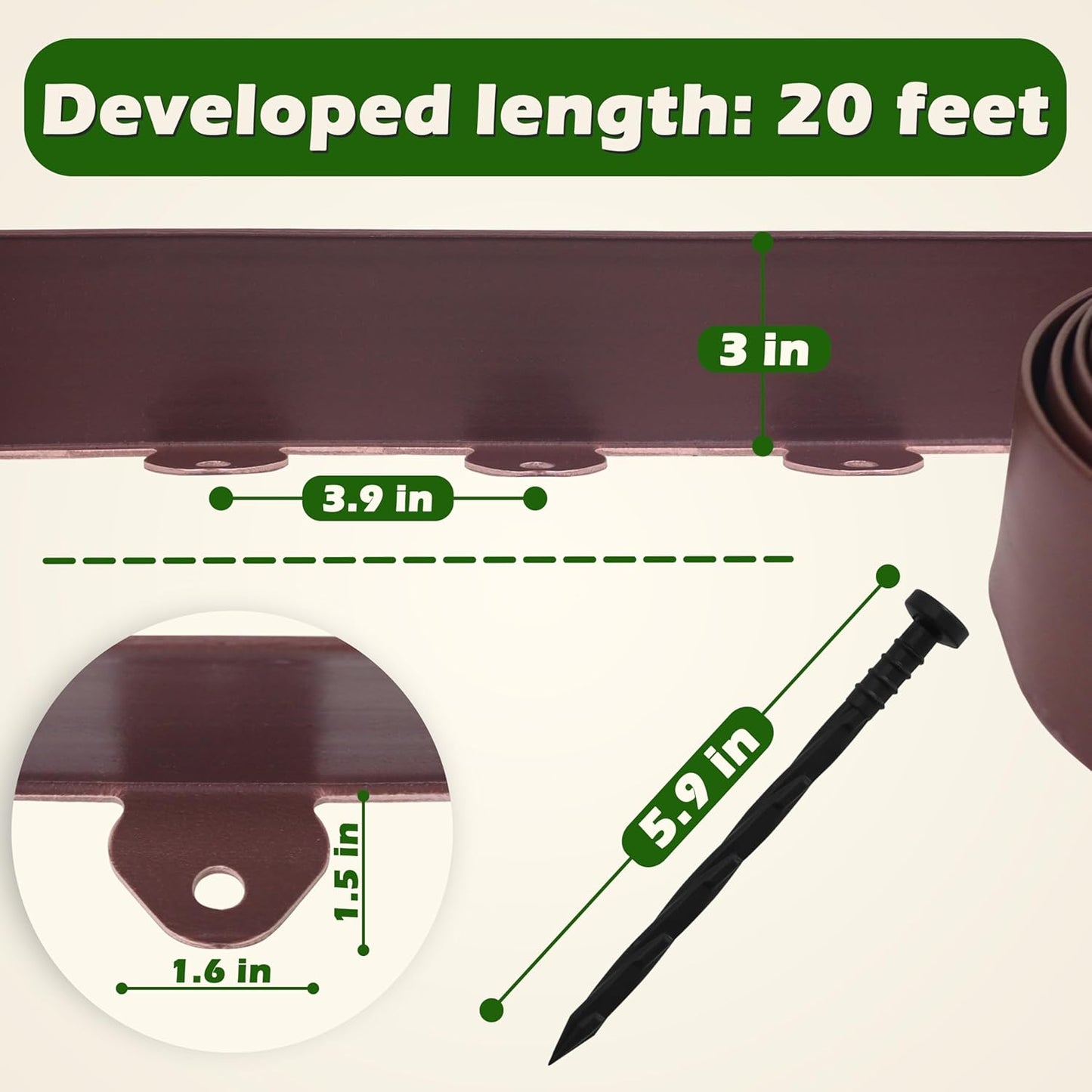Gardzen Landscape Edging Kit, 20-Foot Long, 3-Inch Tall, No Dig Garden Edging Border for Flower Beds, Tree Rings, Pathways, Includes 24 Spikes, Brown