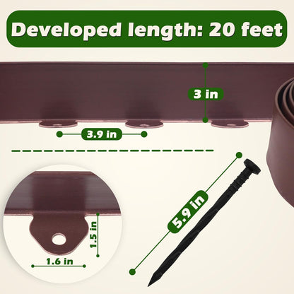 Gardzen Landscape Edging Kit, 20-Foot Long, 3-Inch Tall, No Dig Garden Edging Border for Flower Beds, Tree Rings, Pathways, Includes 24 Spikes, Brown