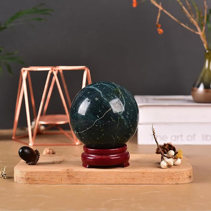JIC Gem Natural Ocean Jasper Crystal Sphere with Wooden Stand Decorative Crystal Ball Healing Gemstone Sphere for Meditation,Feng Shui,Witch-Style Decor,Table 80-90mm