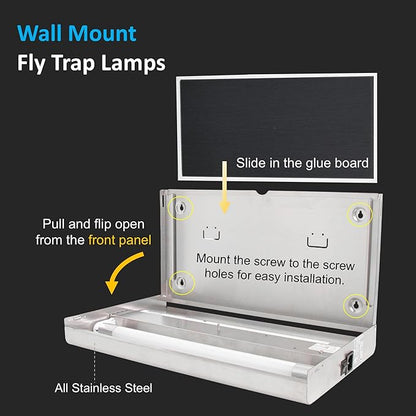 Awoco 12W LED Stainless Steel 100V-240V Wall Mount Sticky Fly Trap Lamp for Capturing Flies, Mosquitoes, Moths and Flying Insects, Perfect for Home, Restaurants, Warehouses (with 6 Glue Boards)