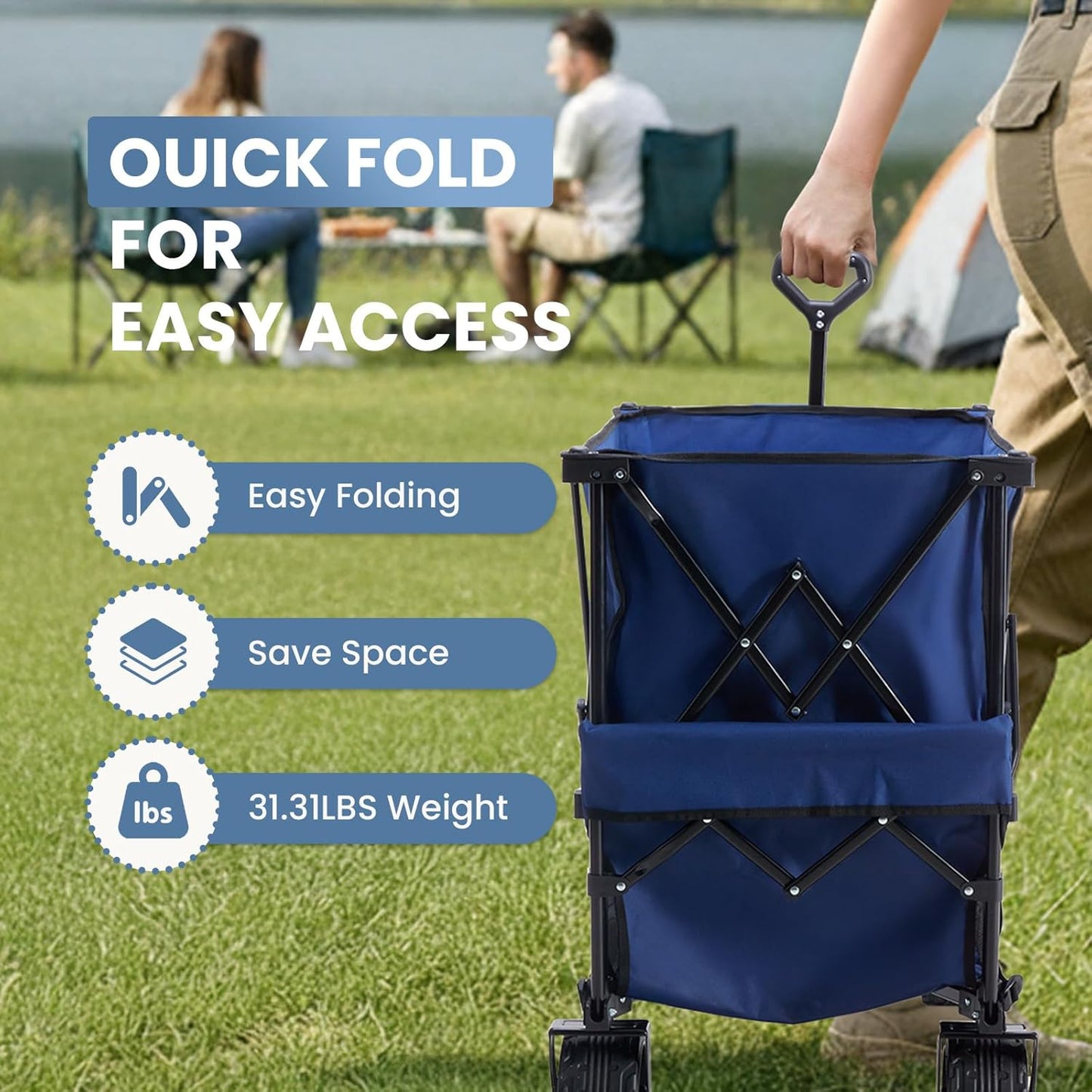 DUMOS Large Capacity Folding Double Decker Wagon with Brakes, 440 lbs Wagons Carts Foldable Wagon Cart with Flexible Handle, All-Terrain Big Wheels for Grocery Sports Garden Camping
