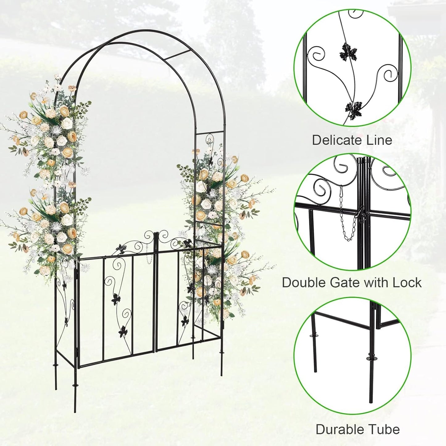 JSUN7 Metal Garden Arch with Gate - Garden Arbor with Gate, Garden Arch Trellis for Outdoor Climbing Plants, Wedding Arch with Double Doors, 7'H X 3.6'W, Black