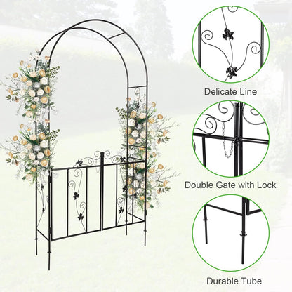 JSUN7 Metal Garden Arch with Gate - Garden Arbor with Gate, Garden Arch Trellis for Outdoor Climbing Plants, Wedding Arch with Double Doors, 7'H X 3.6'W, Black