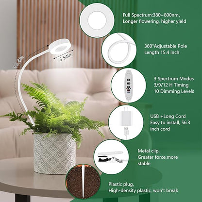 Grow Lights for Indoor Plants Full Spectrum, Clip-on LED Plant Lights for Indoor Growing with Auto On/Off Timing 3/9/12 Hrs, 10 Dimmable Levels, 3 Spectrum Modes & Adjustable Gooseneck, White, 2 Pack