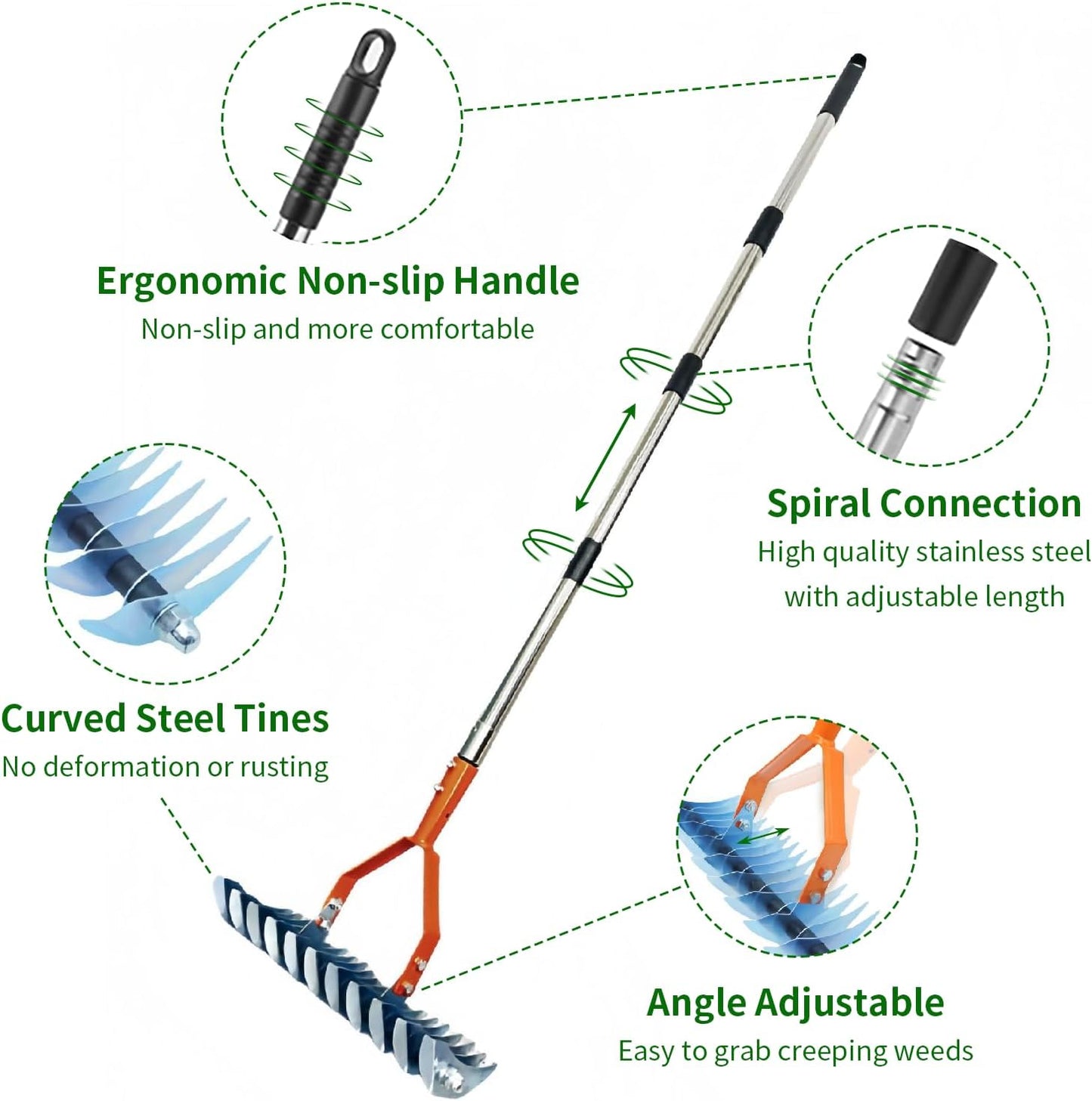 Thatch Rake,14" Wide 21-Tines Sturdy Garden Dethatcher Rake,Heavy Duty Ergonomic Adjustable Stainless Steel Handle;Durable Versatile Head for Removing Dead Grass and Leaves Clippings, Loosening Soil
