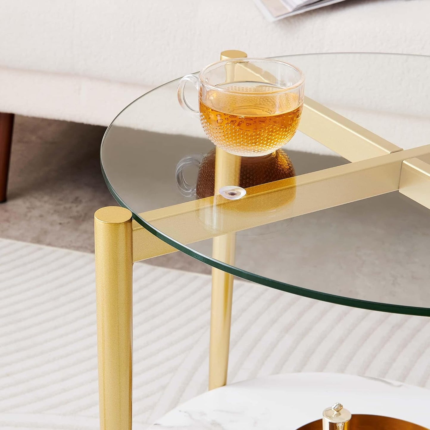 Round Glass End Table, Mid-Century Modern Design Sofa Table for Living Room, D18 x H23 in, 2-Tier Structure, Clear Glass Top and White Marble Shelf, Sleek Conical Legs with Gold Finish Frame