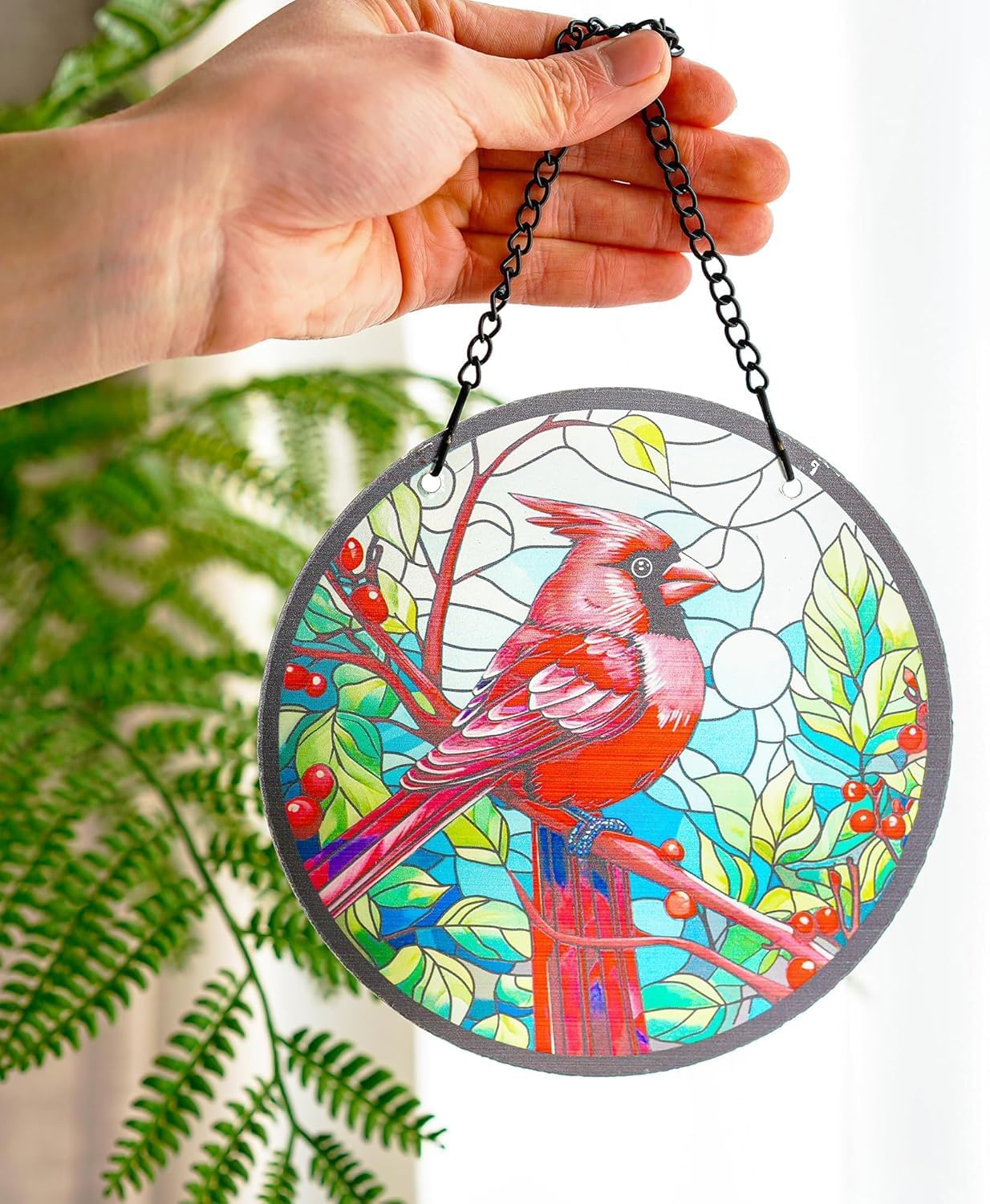 kanpura Cardinal Suncatchers for Windows 6.3” Stained Glass Window Hangings Sun Catcher Glass Panel with Metal Chain and Hooks for Indoor Window Wall Art Home Decor