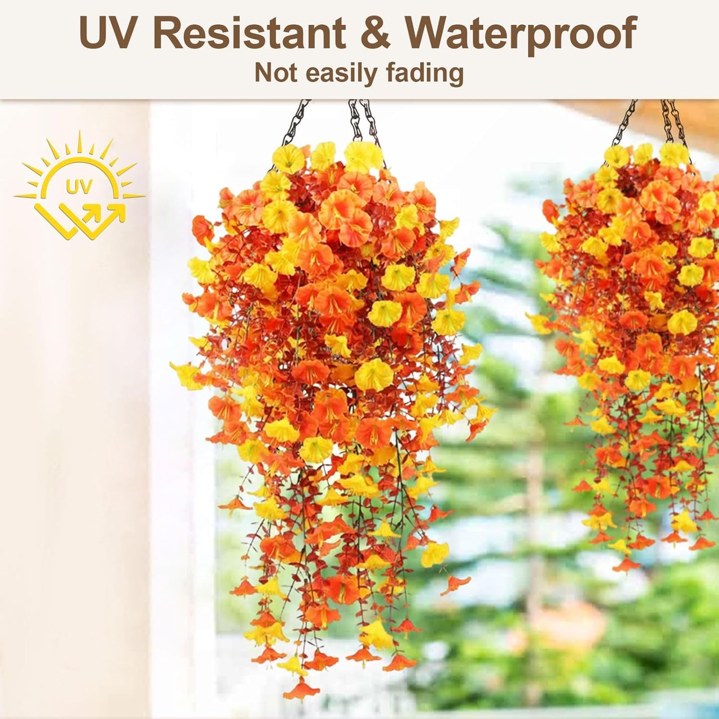 Artificial Hanging Flowers for Outdoors, 5Pcs UV Resistant Faux Petunias, Realistic Fake Silk Long Vines Morning Glory Eucalyptus for Outside Indoor Planter Porch Patio Home Decor