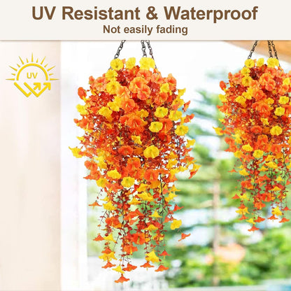 Artificial Hanging Flowers for Outdoors, 5Pcs UV Resistant Faux Petunias, Realistic Fake Silk Long Vines Morning Glory Eucalyptus for Outside Indoor Planter Porch Patio Home Decor