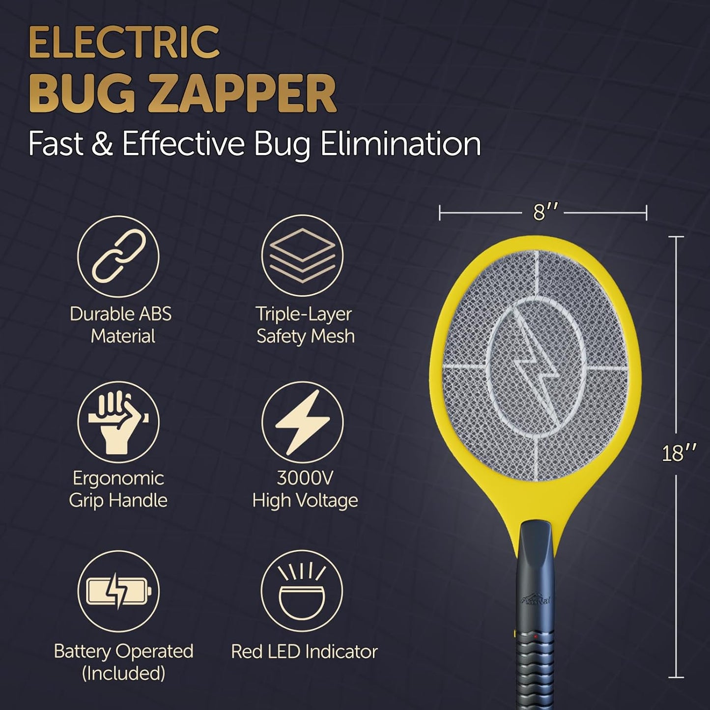 Bug Zapper 18" Electric Fly & Mosquito Swatter Racket - Outdoor/Indoor Killer for Flies, Battery-Operated Tennis Killing Zap, 3000 Volts Electronic Catcher, 2 AA Batteries Included - Yellow
