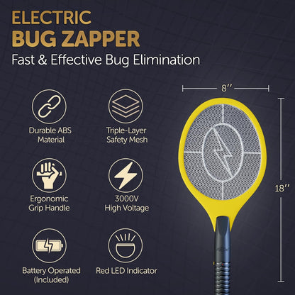 Bug Zapper 18" Electric Fly & Mosquito Swatter Racket - Outdoor/Indoor Killer for Flies, Battery-Operated Tennis Killing Zap, 3000 Volts Electronic Catcher, 2 AA Batteries Included - Yellow