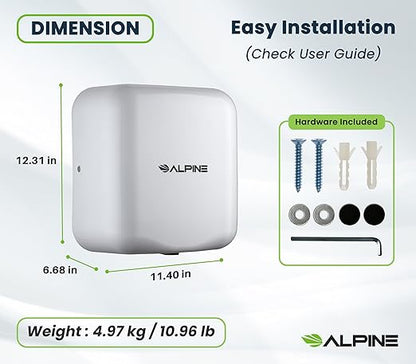 Alpine Automatic Hand Dryers for Bathrooms Commercial High Speed 110-120V Stainless Steel Electric Hand Dryer, Plug In & Hardwire Options with Air Filter, ADA & UL Compliant & 5 Years Coverage (White)
