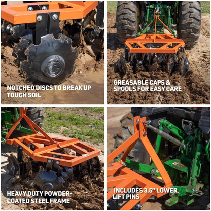 Titan Attachments 3 Point 4ft Notched Disc Harrow Plow Attachment for Cat 1 Tractors, Concave Discs for Tilling, Loosening and Lifting Soil