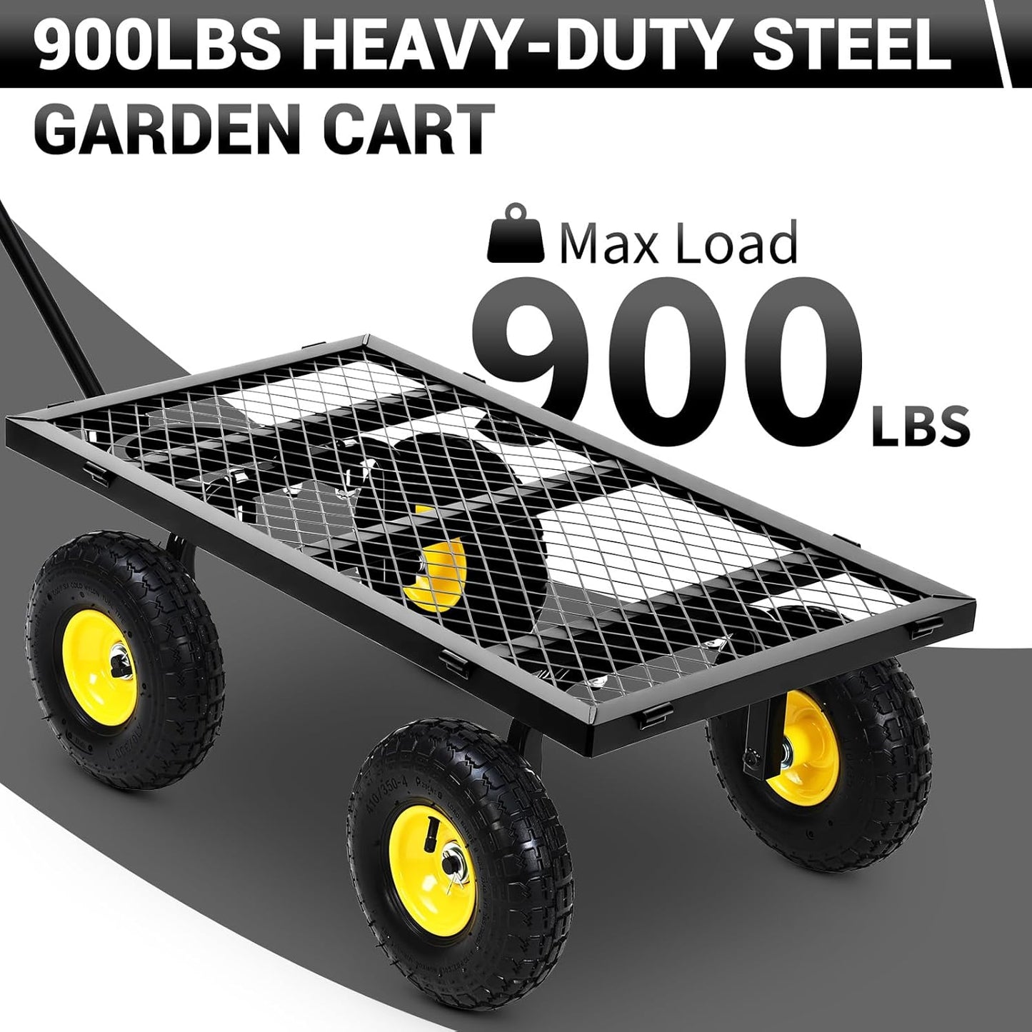 Steel Garden Cart, 900 LBS Heavy Duty Metal Garden Wagon with 10 in Wheels, Metal Push Wagon with 180° Rotating Handle and Removable Sides for Farm, Yard