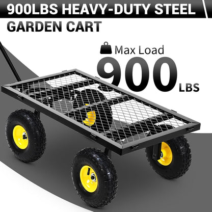 Steel Garden Cart, 900 LBS Heavy Duty Metal Garden Wagon with 10 in Wheels, Metal Push Wagon with 180° Rotating Handle and Removable Sides for Farm, Yard