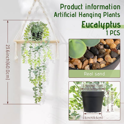 Fake Hanging Eucalyptus Plants Artificial Faux Plants Indoor Small Hanging Greenery Decor for Shelf with Black Pot Soft Green for Living Room, Kitchen, Balcony, Garden, Bedroom