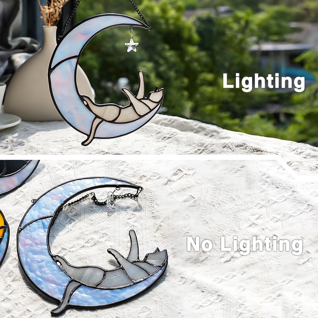 Colorful Crystal Star Grey Cat Decor,Stained Glass Suncatcher for Window Hanging,Birthday Gifts for Cat Lovers Suncatcher Indoor Window, for Women