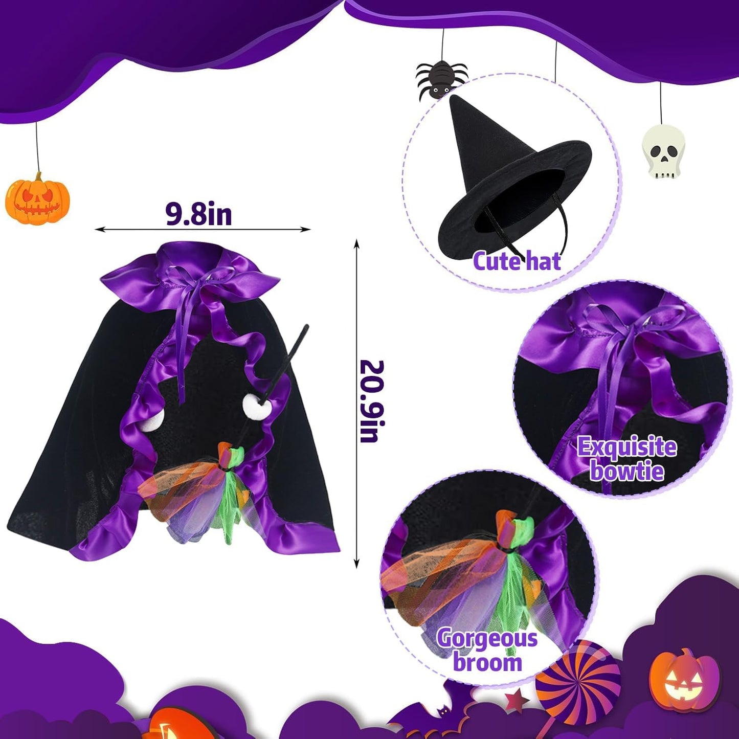 Halloween Porch Goose Witch Outfits Set for 23” Cement Lawn Goose Statue Clothes Broom Cape Costume for Patio Lawn Garden Art Decor
