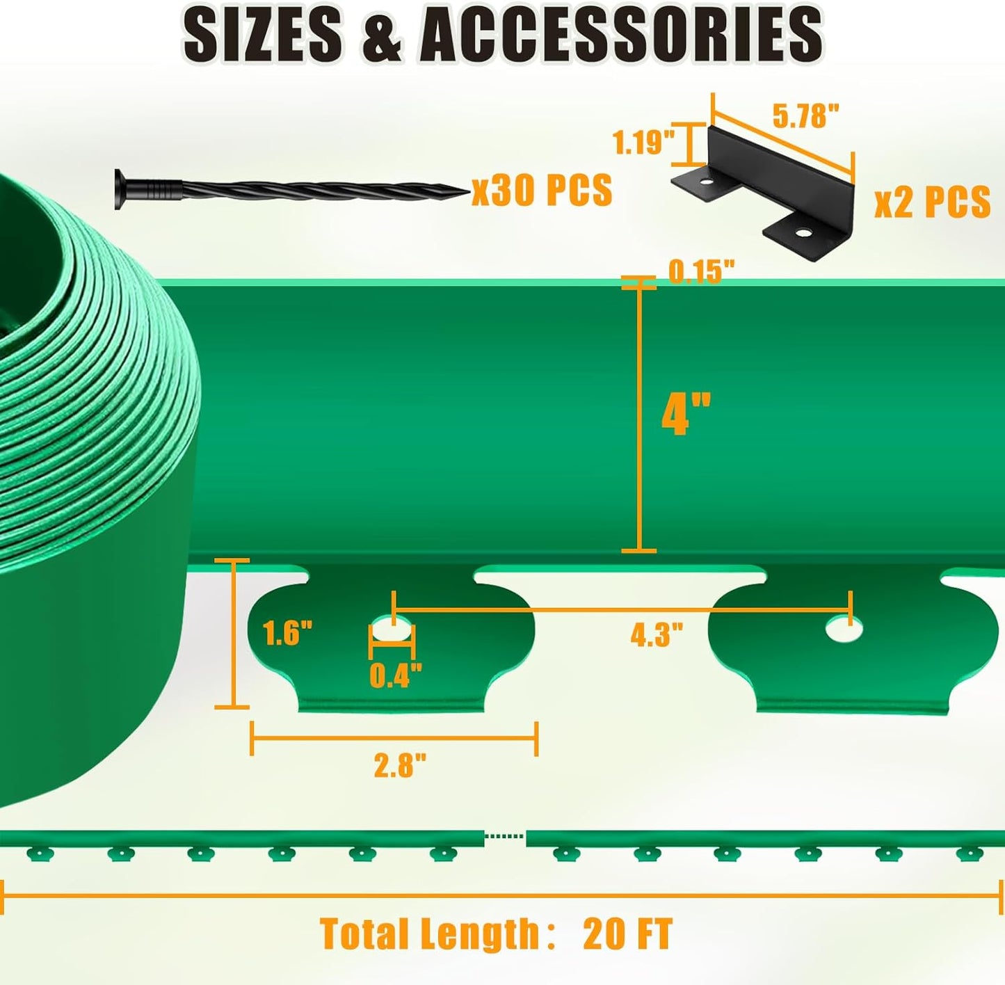 Landscape Edging - Garden Edging Border 20FT 4IN Tall with 30 Stakes, No Dig Lawn Edging for Landscaping for Garden Bed, Yard, 0.15" Thick Flower Bed Border Edging with Connector for Outdoor
