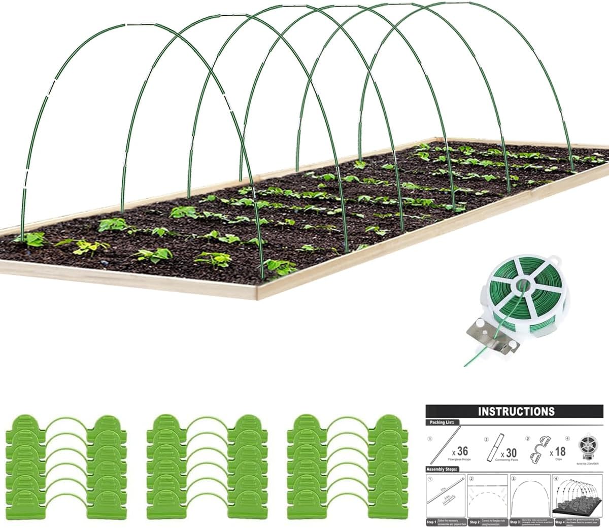 Garden Hoops for Raised Bed, 36 PCS Greenhouse Hoops 6 Sets of 8.5 FT Long Garden Arch Greenhouse Frame Rust-Free Fiberglass Garden Hoops for Row Cover Netting Shade Cloth