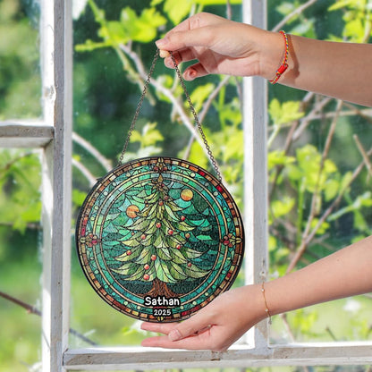 Personalized Stained Glass Christmas Tree Suncatcher, Christmas Handcraft Holiday Ornament with Name and Number, Gift for Family or Friend, Gift for Décor