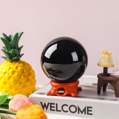 Modaier Black Small Obsidian Crystal Ball 60mm/2.3 inch with Rose Wooden Stand and Gift Box for Home Decor,Meditation,Fortune Teller,Halloween,Scrying,Magic,Crystal Orb Prop Decorative Glass Sphere