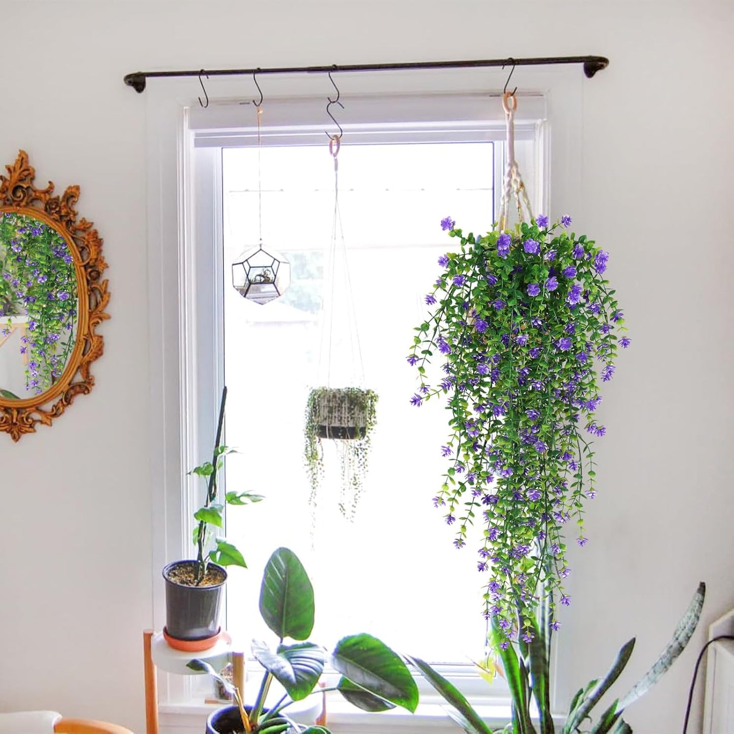 SJL Hanging Greenery 4pcs Realistic Artificial Plants Indoor Artificial Hanging Plants Outdoor Fake Eucalyptus Faux Ivy Plastic Flowers Leaves Decor for Bedroom Porch Wall (Purple)