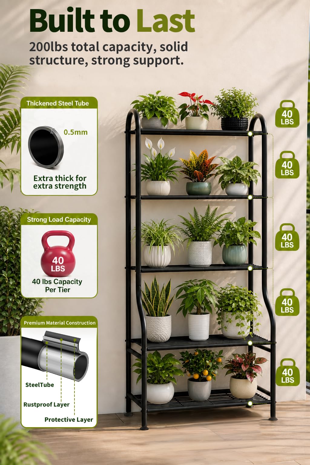 Yutrchey 5-Tier Metal Plant Stand - Heavy Duty Indoor Outdoor Flower Shelf for Multiple Pots, 65"