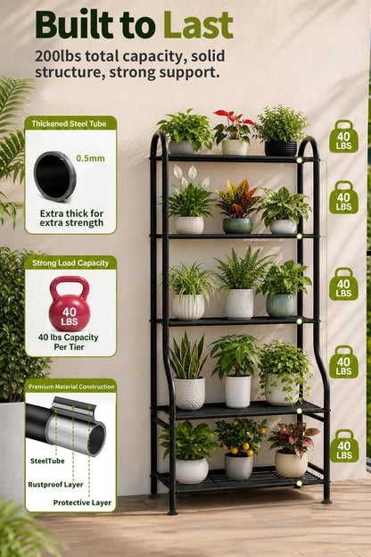 Yutrchey 5-Tier Metal Plant Stand - Heavy Duty Indoor Outdoor Flower Shelf for Multiple Pots, 65"