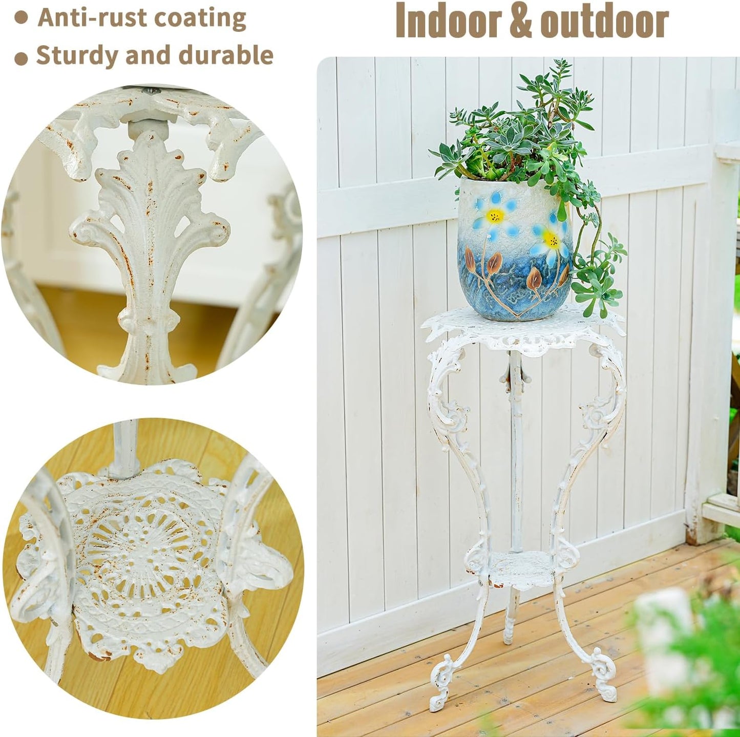 Sungmor Heavy-duty Cast Iron Plant Stand Patio Side Table, 15.3" Wide 27.5" Tall 2-layer Potted Pedestal, Vintage Rust White Planter Holder, Elegant Victorian Style Indoor Outdoor Decorative Pot Stand