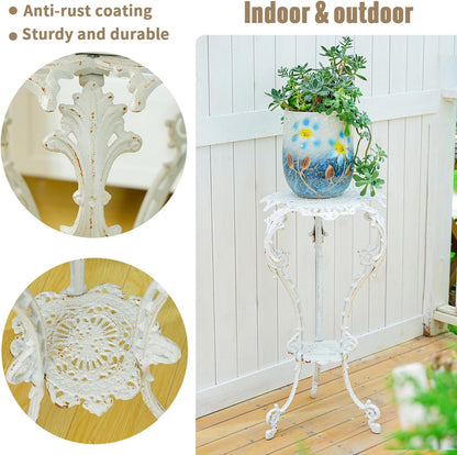 Sungmor Heavy-duty Cast Iron Plant Stand Patio Side Table, 15.3" Wide 27.5" Tall 2-layer Potted Pedestal, Vintage Rust White Planter Holder, Elegant Victorian Style Indoor Outdoor Decorative Pot Stand