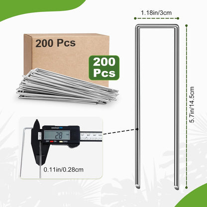 200 Pack Landscape Staples,6 Inch Garden Stakes,11 Gauge Galvanized Steel Garden Staples,Heavy Duty U-Shaped Pins,Lawn Stakes for Weed Barrier Ground Cover,Landscape Fabric,Irrigation Tubing