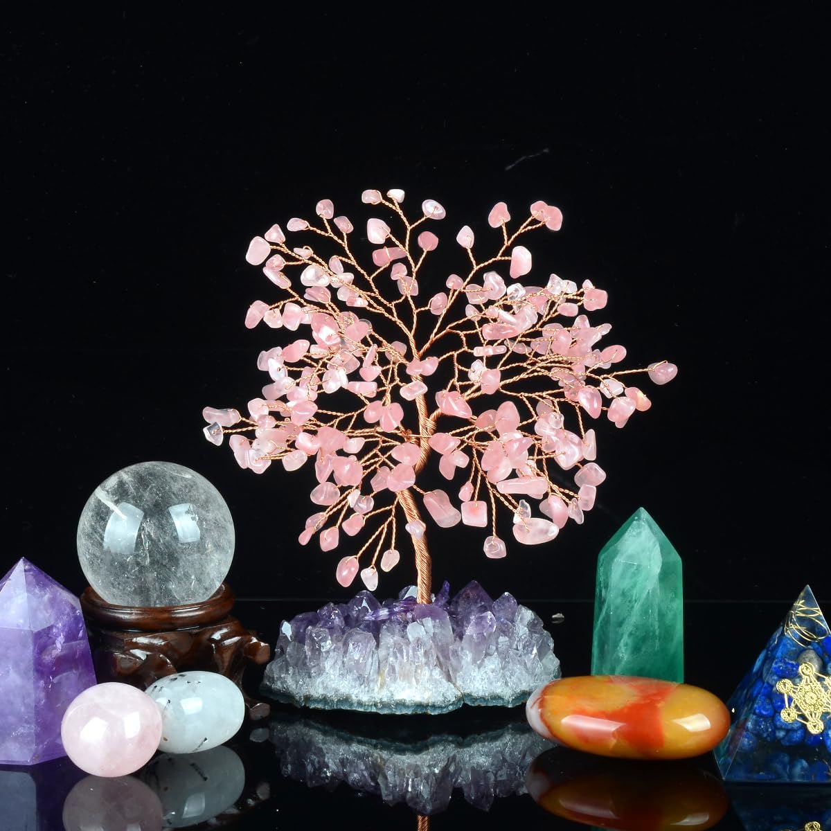 Natural Rose Quartz Crystal Tree with Amethyst Geode Base,Positive Energy Chakra Tree Healing Crystals Feng Shui Bonsai Home Decor 5.5"-6.3"