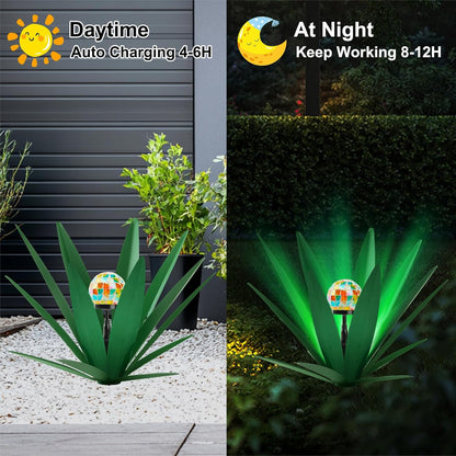 TOMBABY Solar Rustic Garden Style Metal Agave Plants Outdoor Patio, Home Decor Hand-Painted Metal Agave Garden Patio Statues, Suitable for Desert Areas, Outdoor Lawn Decorations (1 Solar Green)