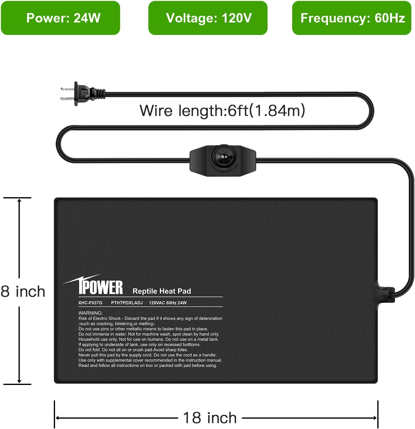 iPower 8 by 18-Inch 24 Watts Reptile Heating Mat with Temperature Controller Under Tank Warmer Terrarium Heat Pad for Reptiles and Amphibians, Black
