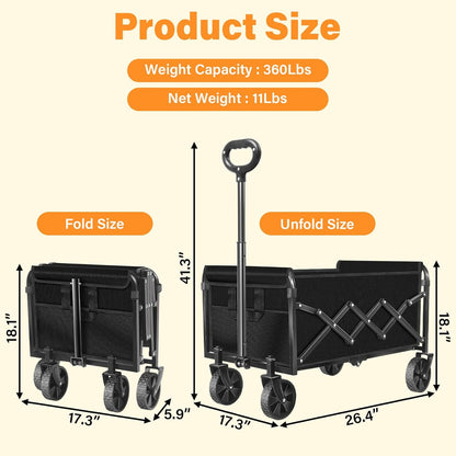 ARTIST'S DREAM Wagons carts Foldable Collapsible Wagon cart with Wheels|Folding Wagon for Groceries|360lbs.Utility Grocery Wagons for Camping,Sports,Park,Shopping,Travel,Black