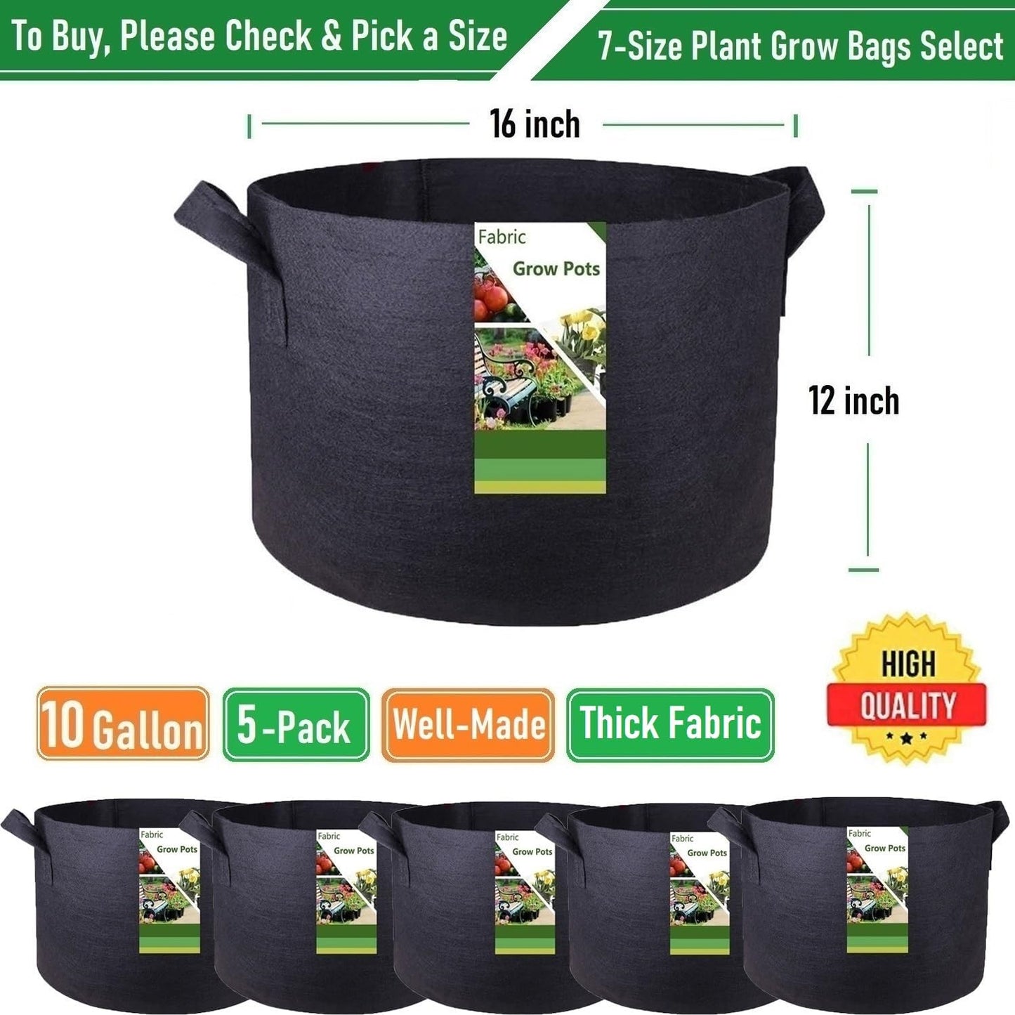 5-Pack 10 Gallon Plant Grow Bags (16x12 inch) Thickened Garden Bag Fabric Plant Pots for Tomato,Potato Planters,Herbs Veggies Planter Bag,Garden Pot,Flower Pot,Barrel Planter,Plant Container W/ Gloves