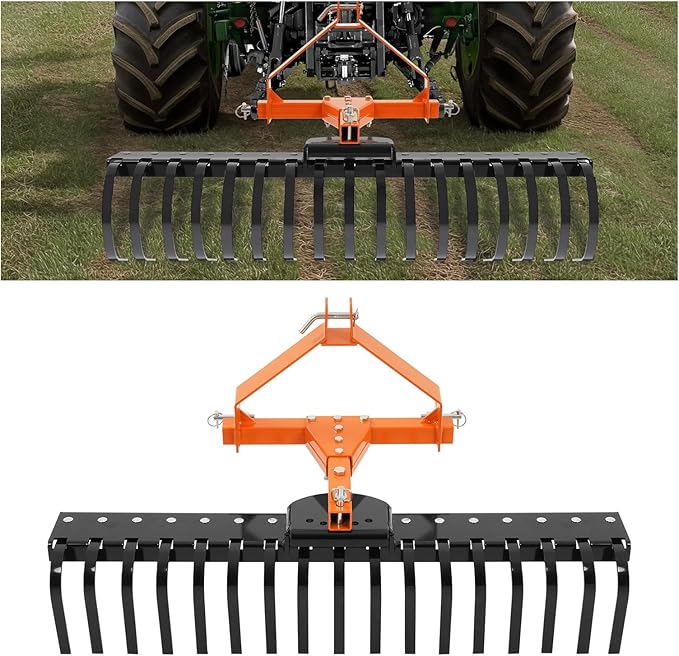 KUAFU 50" 3 Point Landscape Rock Rake for Category-0 Cat-0 Tractor with 360° Rotation Replaceable Spring Tines and Pin Hitch Rock Attach Rake Tow Behind Dethatcher for Garden Lawn Care, Farm, Grass
