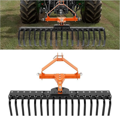 KUAFU 50" 3 Point Landscape Rock Rake for Category-0 Cat-0 Tractor with 360° Rotation Replaceable Spring Tines and Pin Hitch Rock Attach Rake Tow Behind Dethatcher for Garden Lawn Care, Farm, Grass