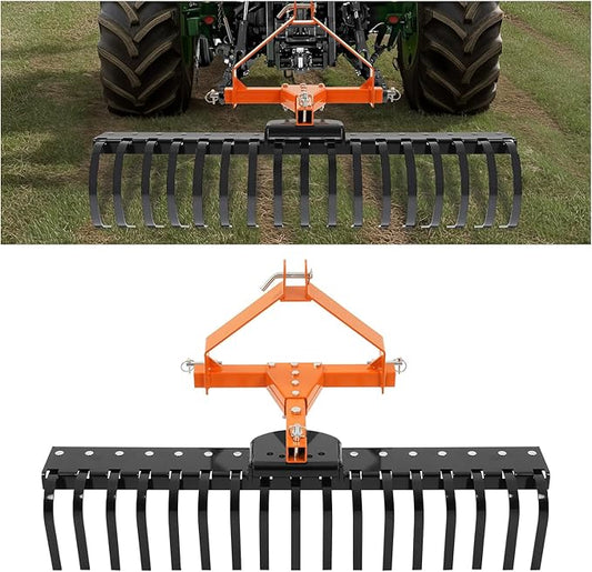 KUAFU 50" 3 Point Landscape Rock Rake for Category-0 Cat-0 Tractor with 360° Rotation Replaceable Spring Tines and Pin Hitch Rock Attach Rake Tow Behind Dethatcher for Garden Lawn Care, Farm, Grass