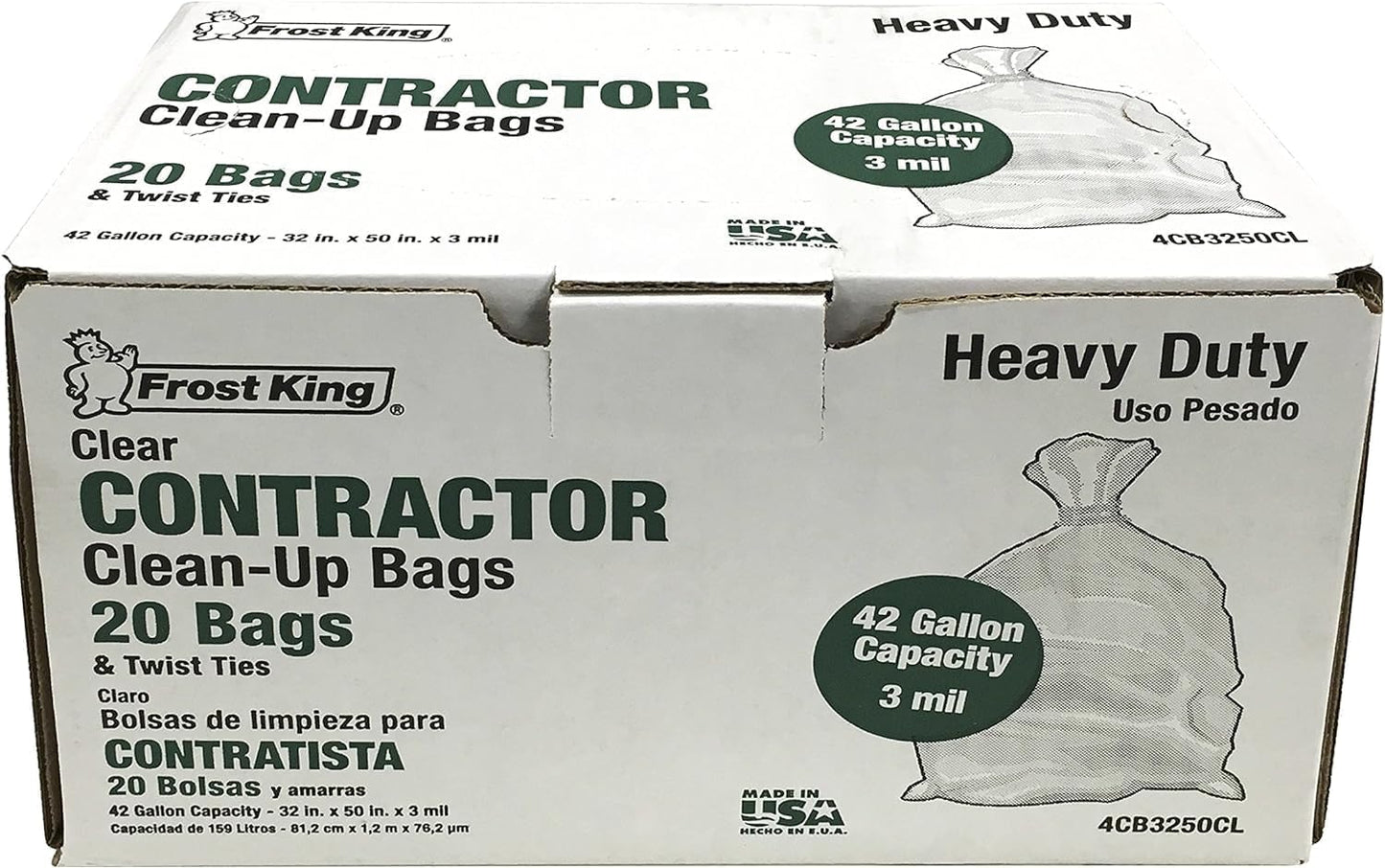 Frost King CB3250 Boxed Heavy Duty Contractor Clean-Up Bags, 32 inch x 50 inch x 3 Mil., 20 Bags, Clear