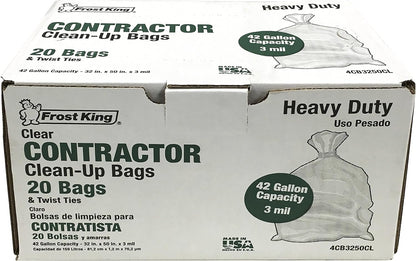 Frost King CB3250 Boxed Heavy Duty Contractor Clean-Up Bags, 32 inch x 50 inch x 3 Mil., 20 Bags, Clear