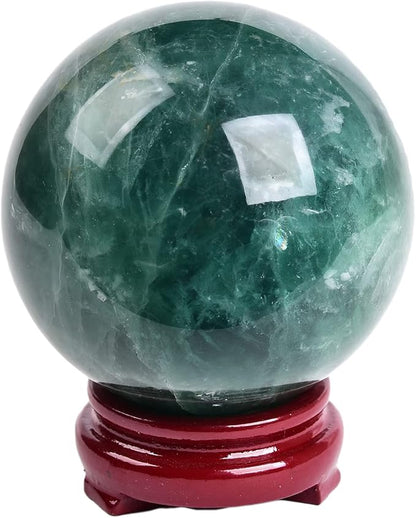 JIC Gem Big Green Quartz Crystal Ball Green Fluorite Healing Gemstone Sphere with Decorative Wooden Stand for Meditation,Home Decoration (80-90mm)