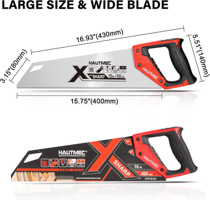 HAUTMEC 16" X-Sharp Universal Hand Saw for Speed, Cuts Quality and Accuracy, Fine-Cut Handsaw with 11 TPI Triple-Ground Teeth and 1mm Thickened Large Blade, Bi-Material Ergonomic Soft Handle – HT0152