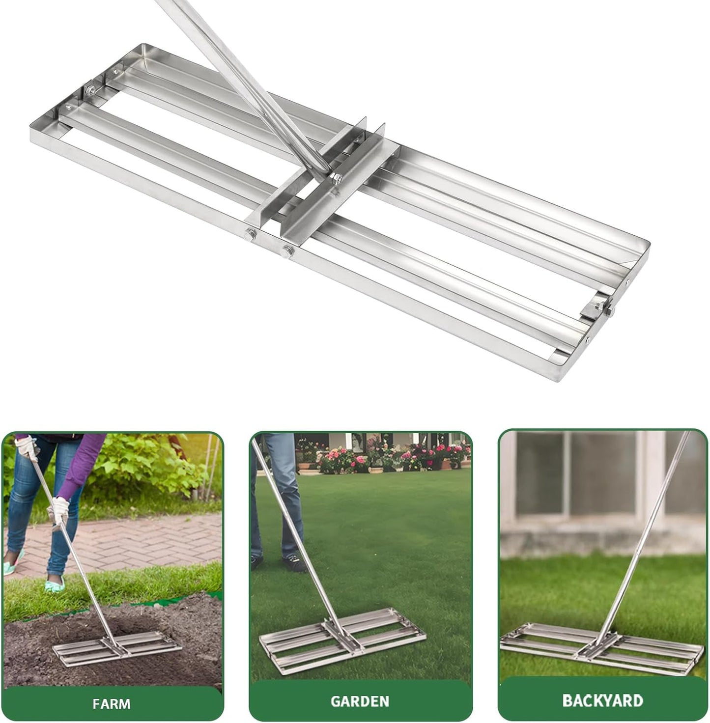 Lawn Leveling Rake - 30'' x 10'' Stainless Steel Lawn Leveler, Heavy Duty Ground Plate Rake for Yard, with Adjustable 72'' Long Handle, Effort Saving Lawn Level Tool for Farm, Garden, Golf Lawn