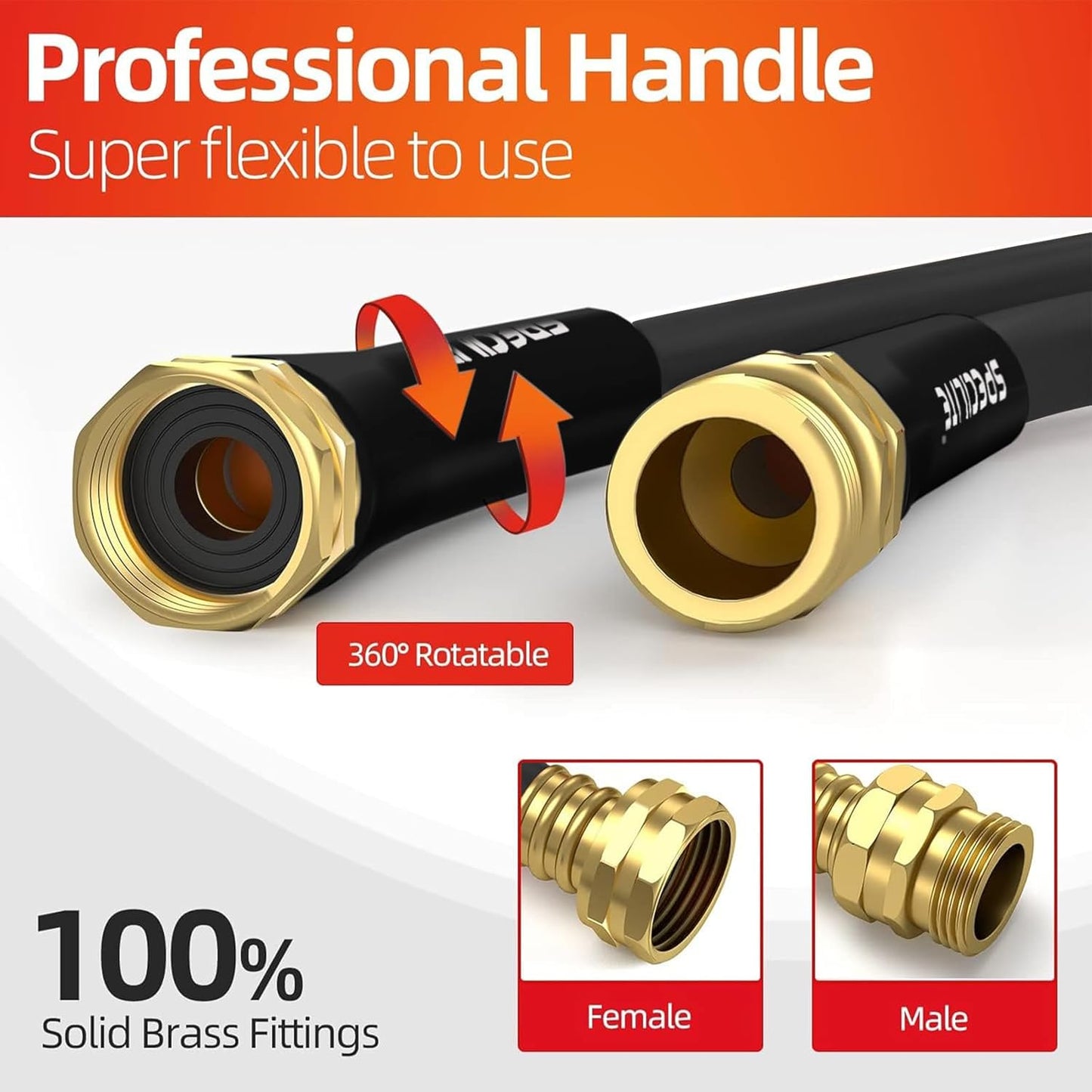 SPECILITE Garden Water Hose 50 ft x 5/8 in Heavy Duty, Flexible and Lightweight, Burst 600 psi, Kink-less Hybrid Rubber Pipe for Backyard, 3/4'' Brass Fittings, Black