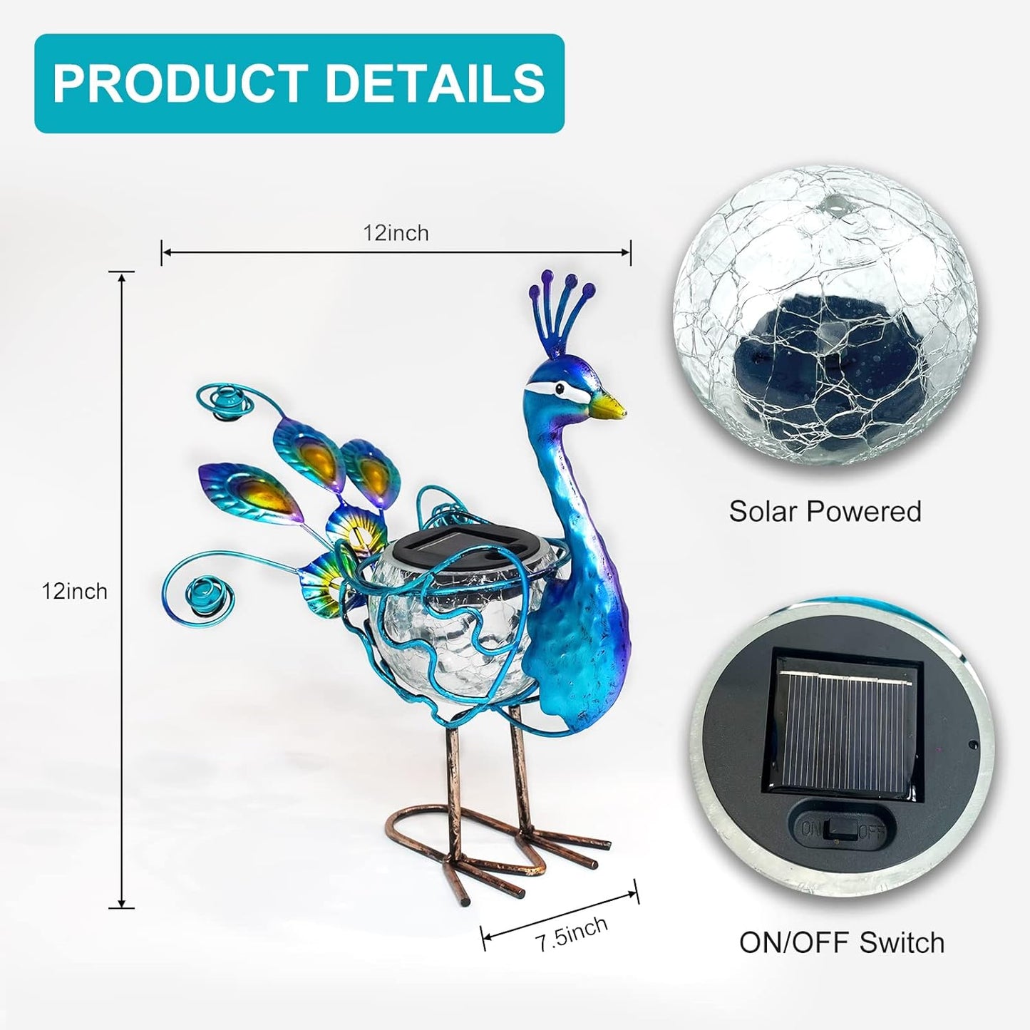 HONGLAND Solar Peacock Statue Light, Solar Animal LED Lights Outdoor, Solar Power Figurine Waterproof Metal Peacock Yard Art for Pathway Patio Backyard Decoration Lawn Ornaments, Peacock Blue