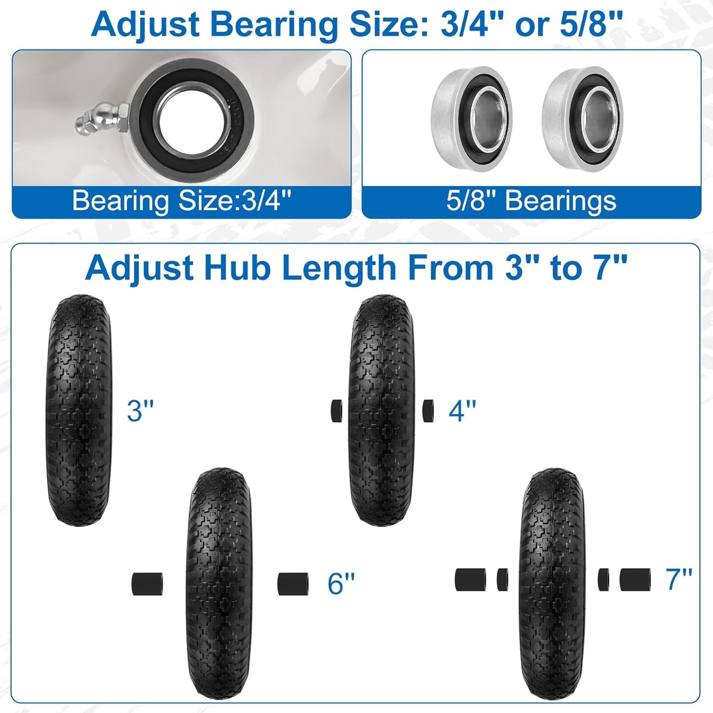 4.80/4.00-8" Wheelbarrow Tubed Tires and Wheels, 16" Universal Fit Pneumatic Tires with 3/4" or 5/8" Bearing, 3"-7" Hub, Adapter Kit Hand Truck Wheels Replacement for Garden Trailer, Wagons, 2 PCS