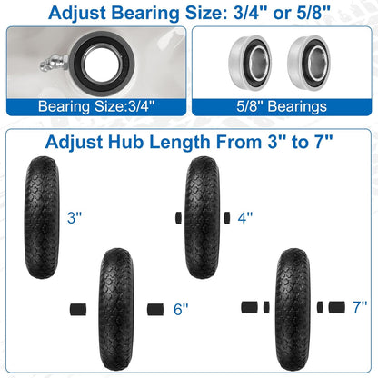 4.80/4.00-8" Wheelbarrow Tubed Tire and Wheel, 16" Universal Fit Pneumatic Tire with 3/4" or 5/8" Bearing, 3"-7" Hub, Adapter Kit Hand Truck Wheel Replacement for Garden Trailer, Wagons, 1 PCS
